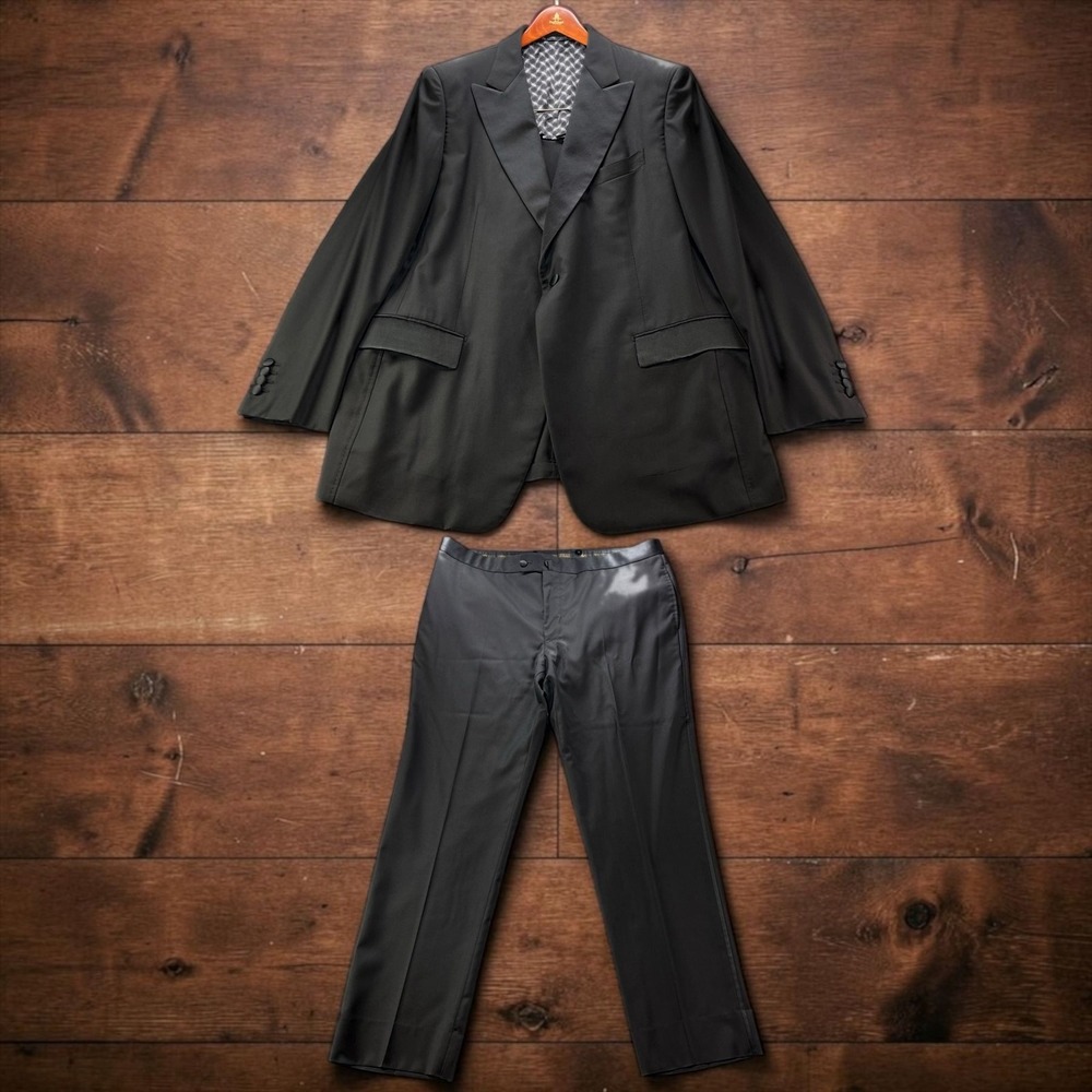 Zilli Mens Black Peak Lapel Tuxedo Suit 100% Wool Silk Lined Italy 44R W40xL32